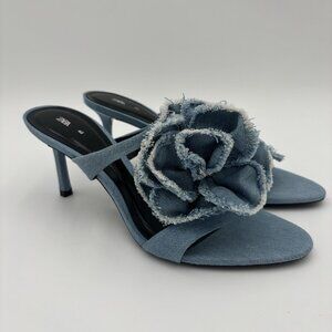 Zara Floral Denim Heels Sandals Womens Size 8.5/9 EU 40 Slip On Round Toe
